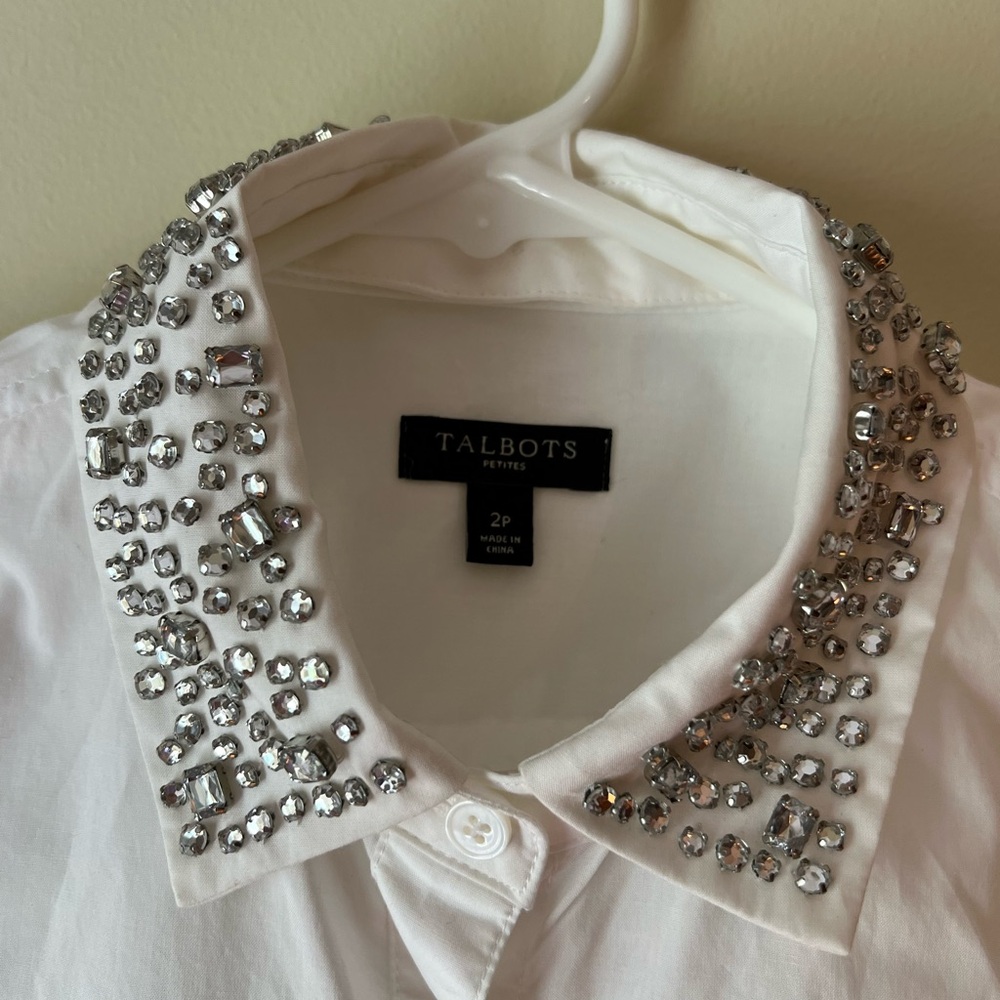 Talbots white cotton clear crystal button down